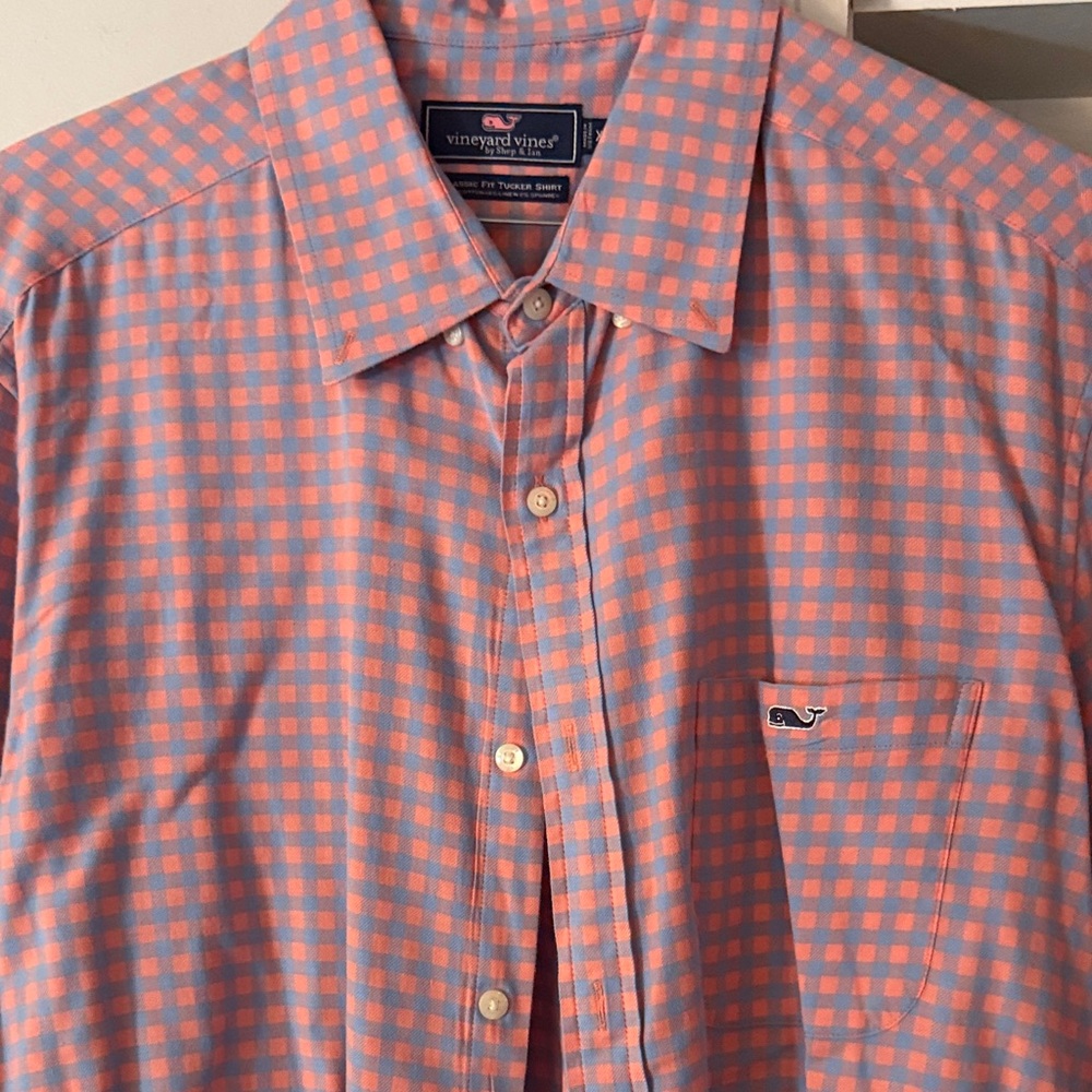 Vineyard Vines Men's Coral and Blue Plaid Shirt